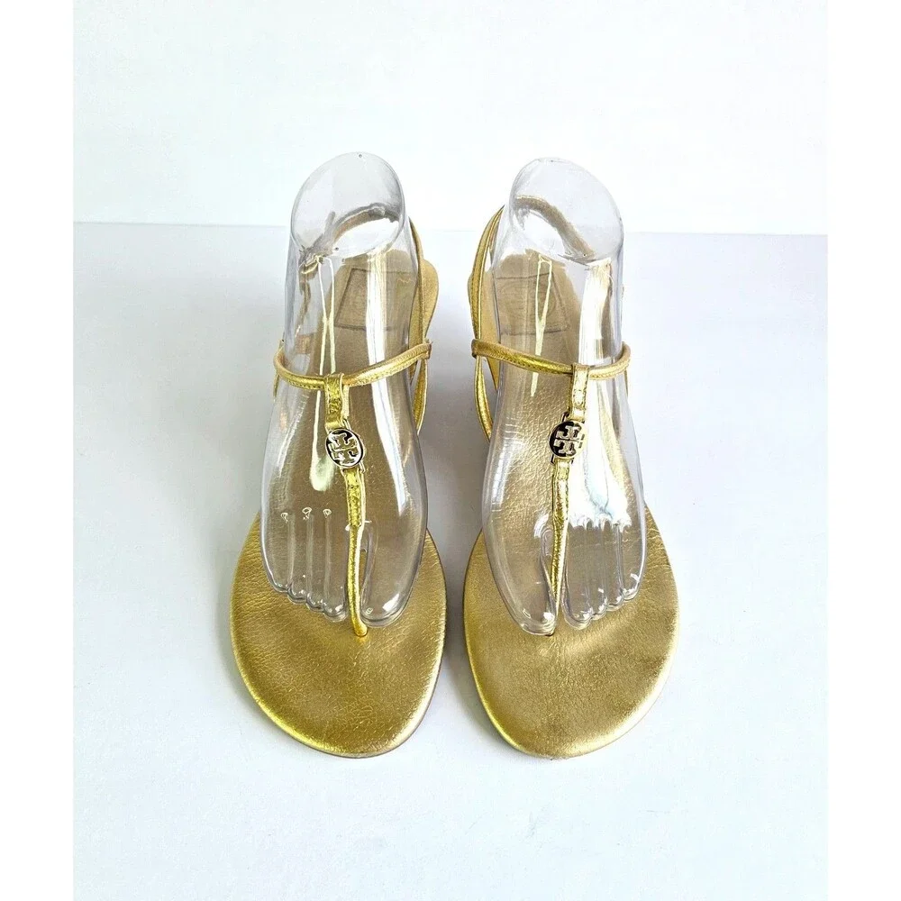 TORY BURCH Gold Emmy Wedge Sandals Metallic Leather Sz 10 Logo Ankle Strap